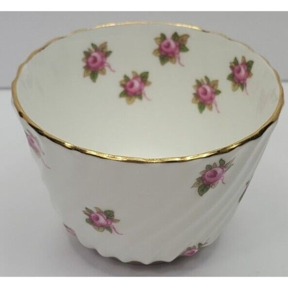 Vtg Ansley Bone China Pudding Cup Pink Roses England Gold Rim Wave Design - Picture 1 of 11
